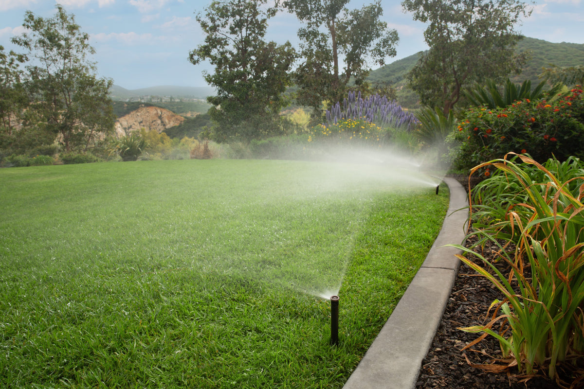 Hunter PSU-HE pressure-regulated sprinkler nozzle installed in turf for uniform lawn irrigation coverage