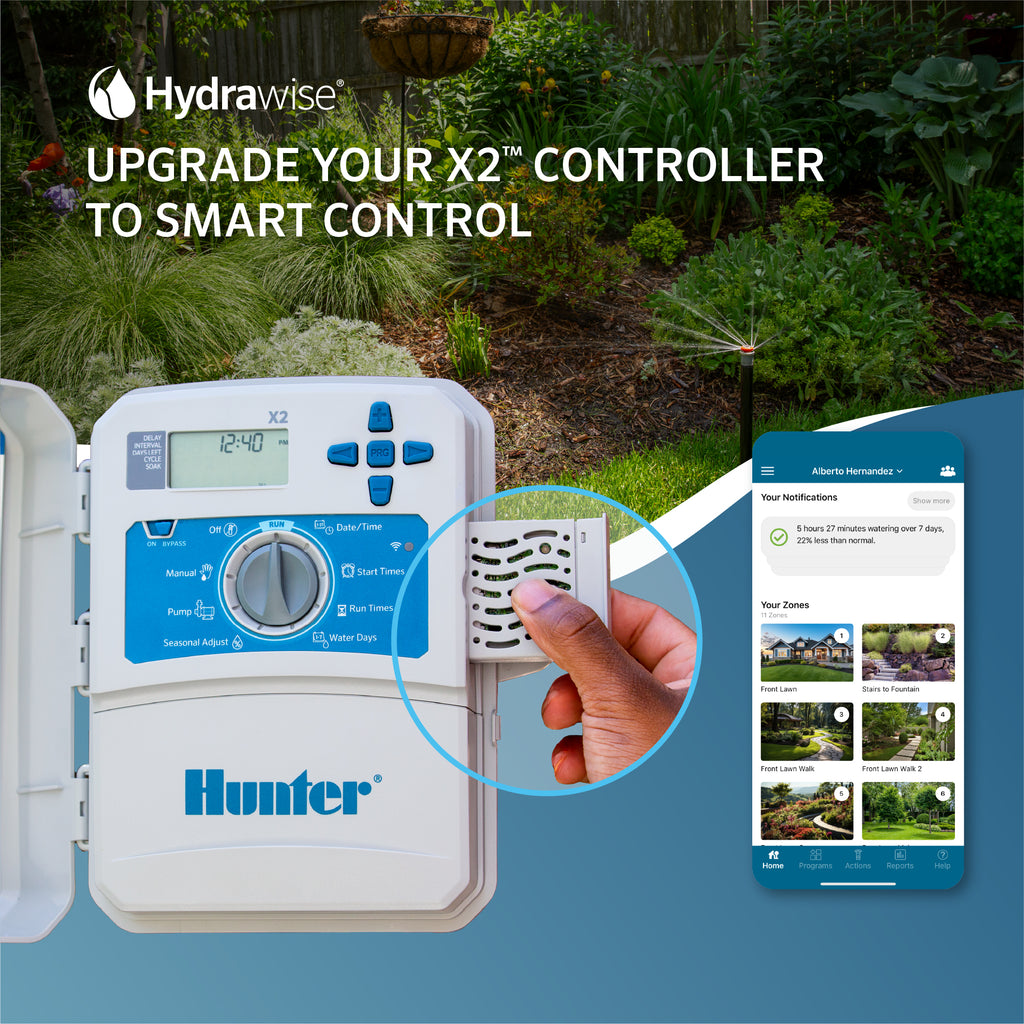Hunter X2 controller with Hydrowave upgrade text, garden background, and smartphone app interface.