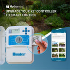 Hunter X2 controller with Hydrowave upgrade text, garden background, and smartphone app interface.