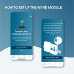 Two smartphone screens showing steps to set up a Hydrowave WAND module with text and graphics.