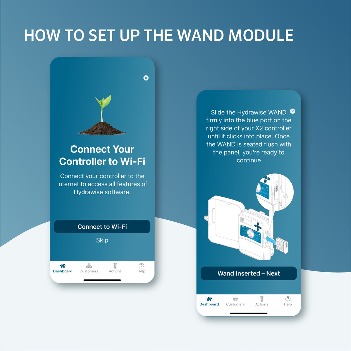 Two smartphone screens showing steps to set up a Hydrowave WAND module with text and graphics.