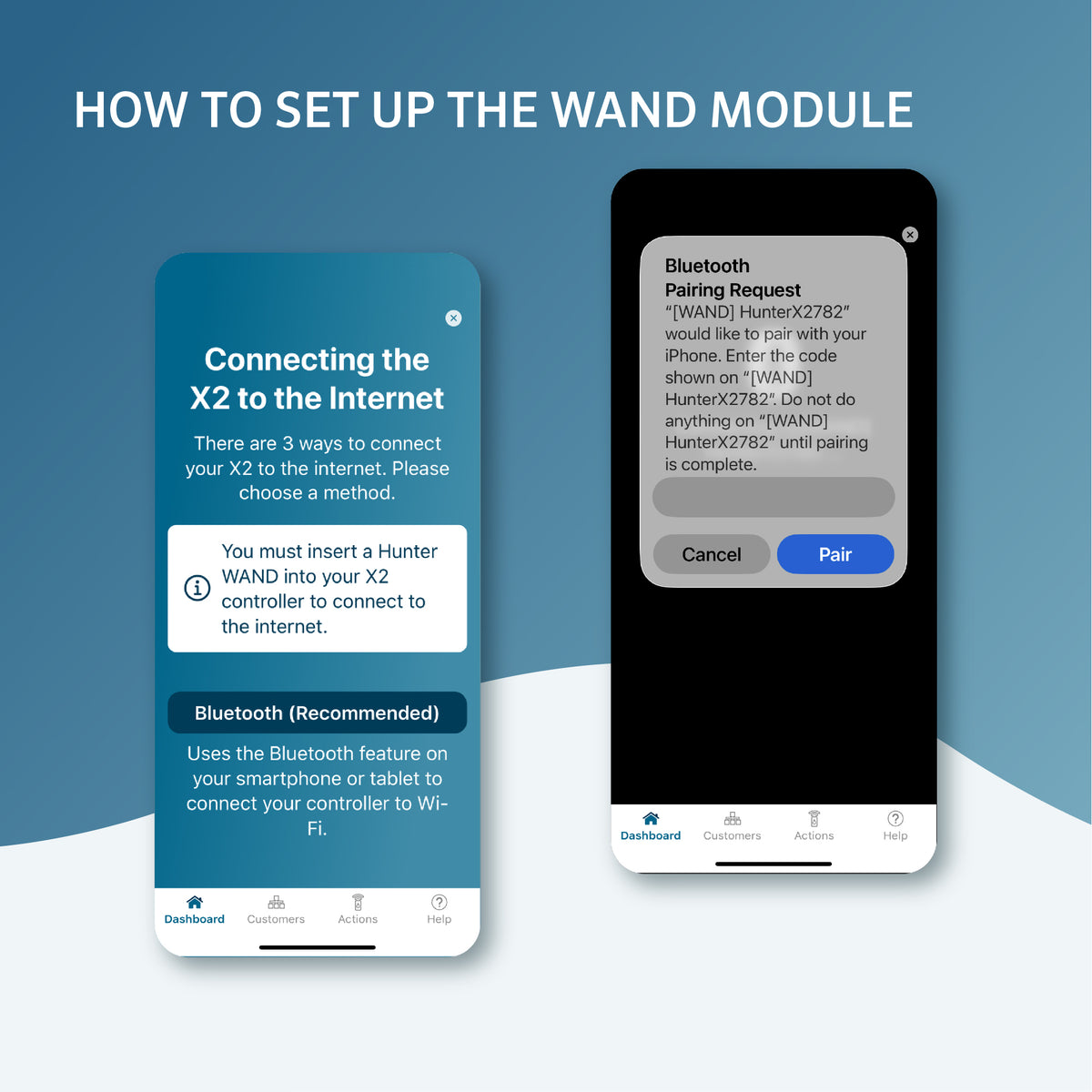Instructions on how to set up the Wand module with smartphone app interface on a blue background