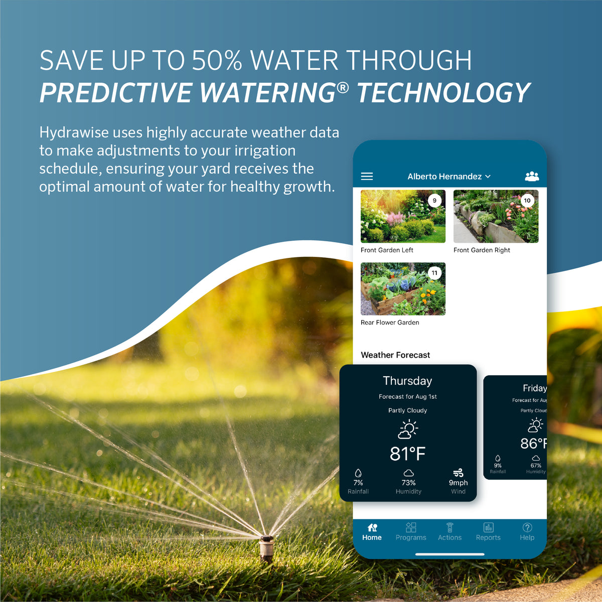 Smart irrigation system with smartphone app on a grassy background, featuring predictive watering technology.