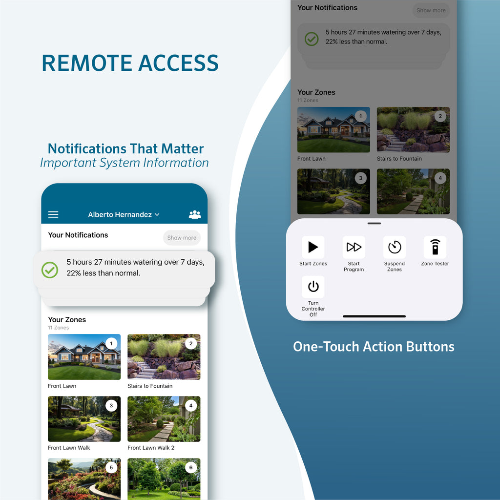 Remote access interface with notifications and one-touch action buttons on a blue background