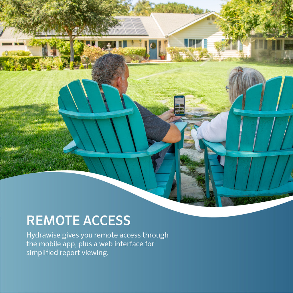 Two people sitting in teal Adirondack chairs on a lawn, with text about remote access.