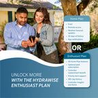Two people looking at a smartphone with home plan information displayed on a blue banner.