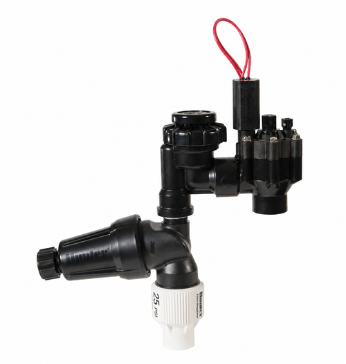 A black automatic sprinkler timer with a red wire loop and a white 25-gallon valve adapter, shown on a solid white background.