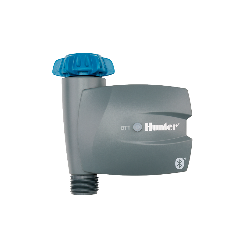 Gray Hunter Bluetooth hose end timer with blue tap connection and black threaded hose connector.
