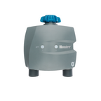 Gray Hunter Bluetooth hose end timer with blue tap connection and dual hose connectors.