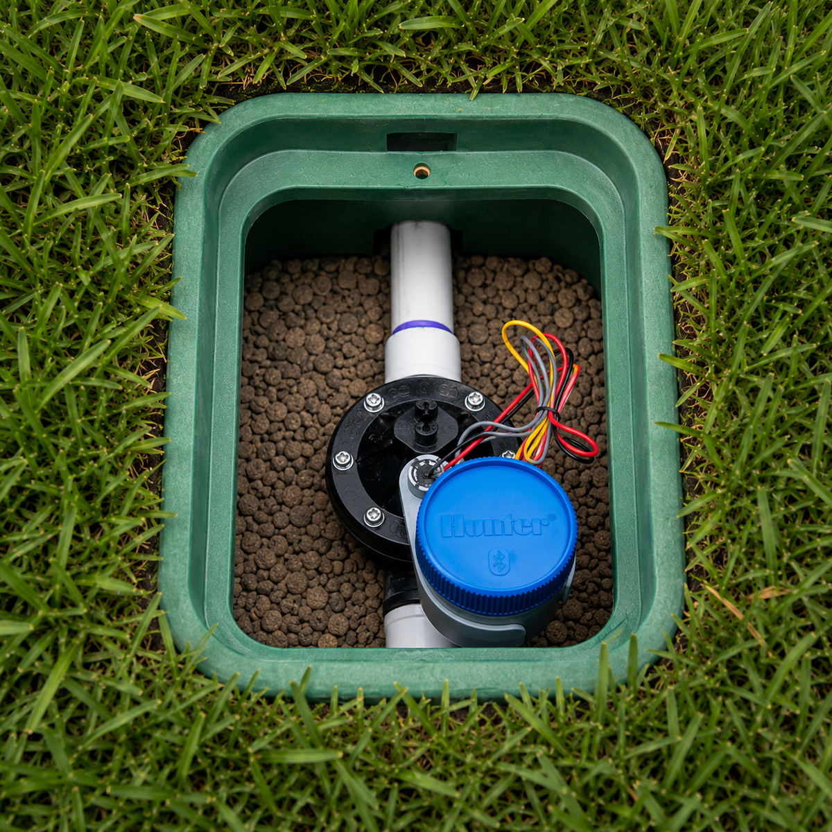 Garden irrigation system with blue cap on grass