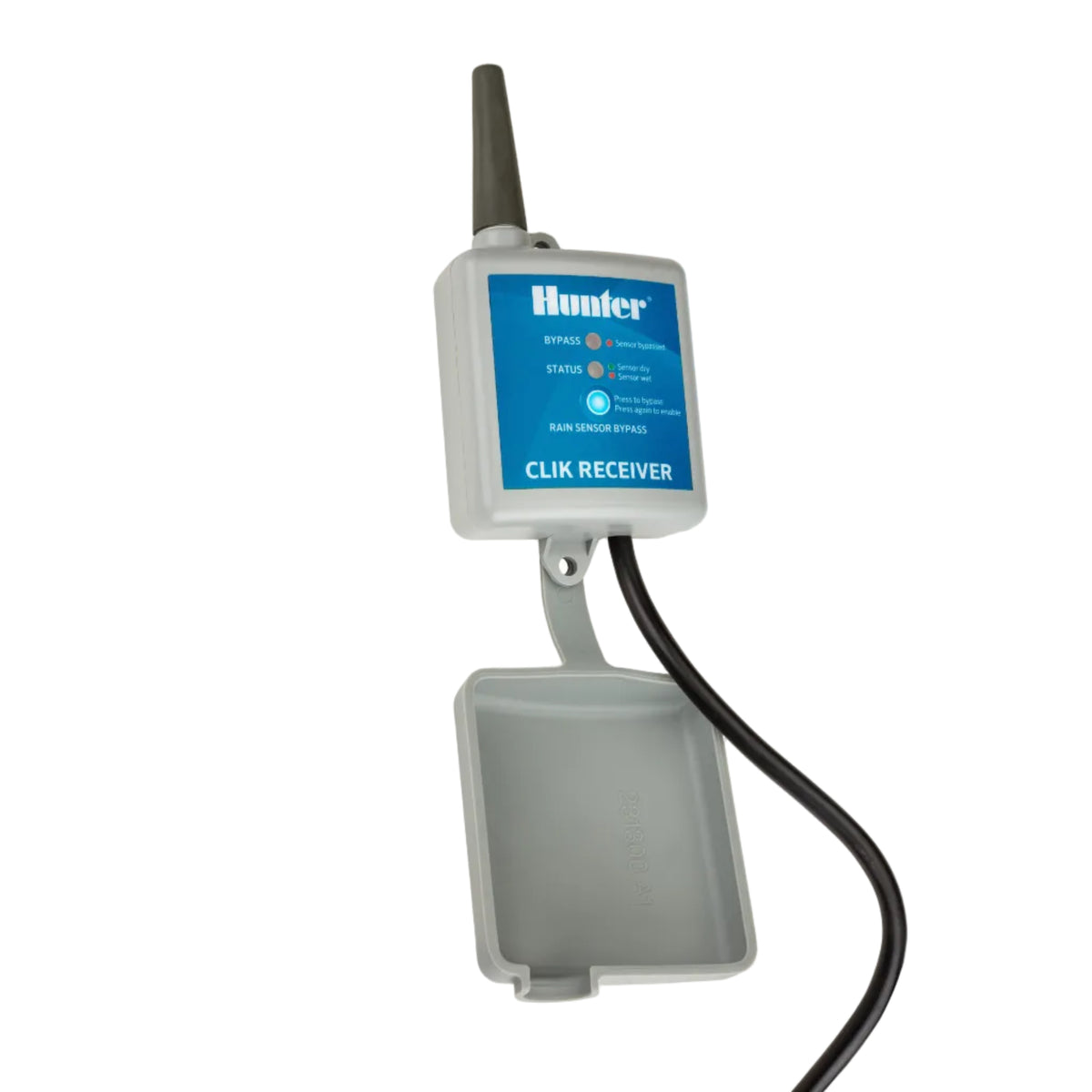 Hunter Clik Receiver rain sensor module with a gray plastic housing, blue label, black antenna, and attached black cable on a white background.