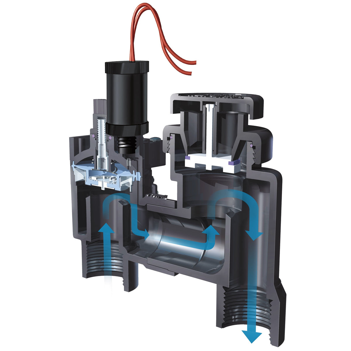 Cutaway diagram of a mechanical component with labeled parts and flow arrows on a white background.