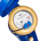 Close-up of a blue and gold water meter on a white background