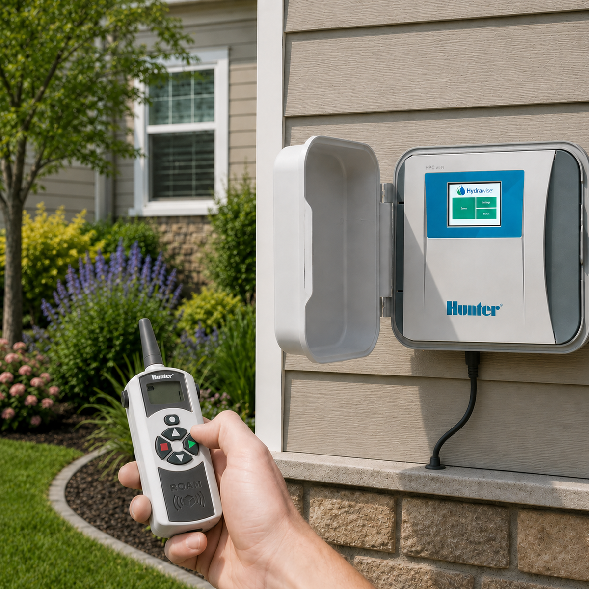 A Hunter irrigation controller mounted on a beige house exterior wall, with a hand holding a matching roam remote in the foreground. The scene includes a landscaped yard and house siding in the background.