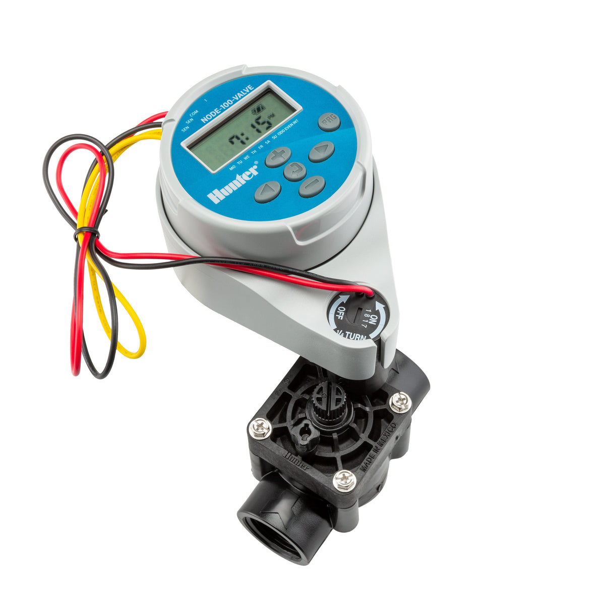Digital flow meter with wiring on a white background