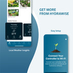Promotional graphic for Hydrawise with smartphone app screenshots and setup instructions.