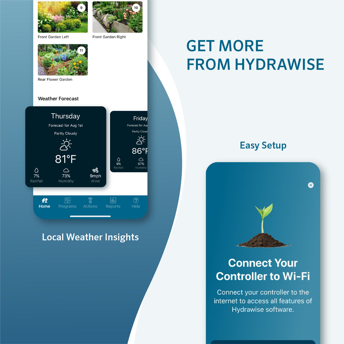 Promotional graphic for Hydrawise with smartphone app screenshots and setup instructions.