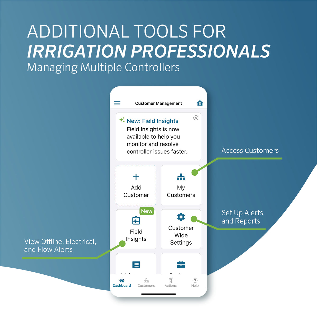 Phone screen displaying irrigation management app features with a blue gradient background