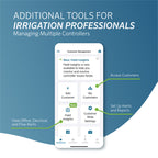 Phone screen displaying irrigation management app features with a blue gradient background
