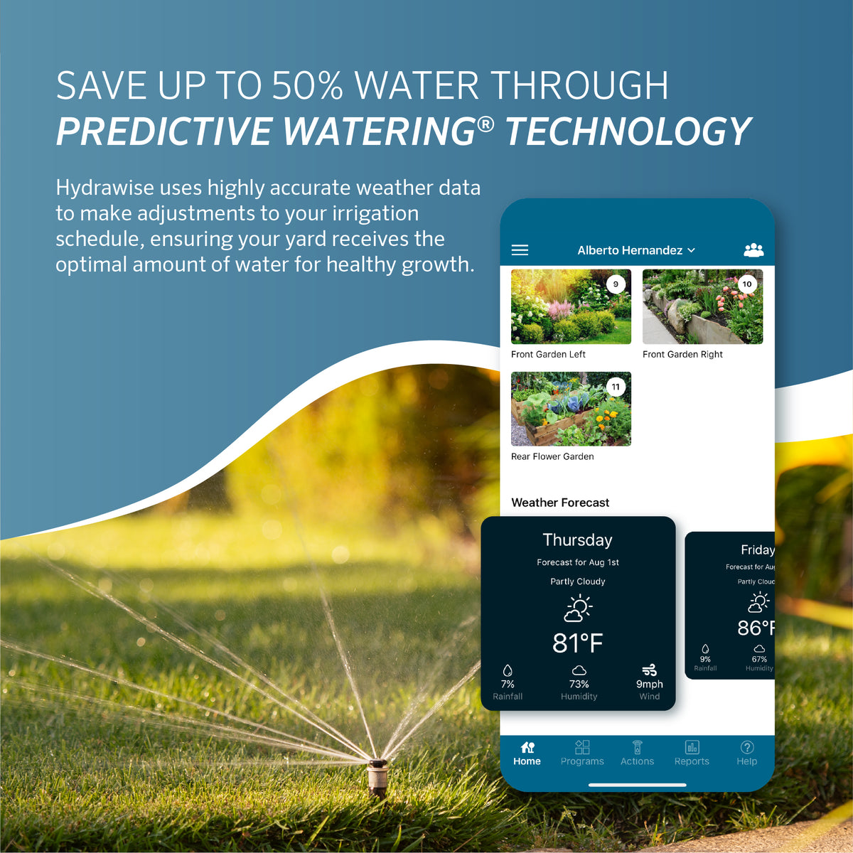 Advertisement for predictive watering technology with a sprinkler and smartphone app interface.