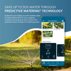 Advertisement for predictive watering technology with a sprinkler and smartphone app interface.
