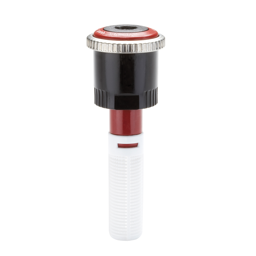 Black and red faucet handle with white hose on a white background