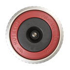 A close-up of a circular sprinkler head or nozzle component on a white background, featuring a red outer ring with embossed text, a black center, and a silver metal rim.