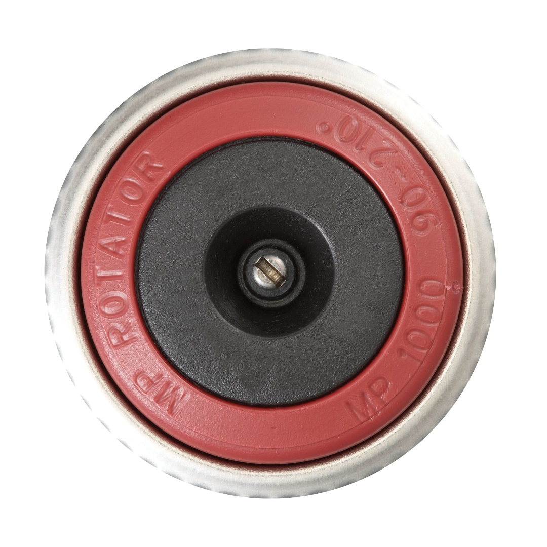 A close-up of a circular sprinkler head or nozzle component on a white background, featuring a red outer ring with embossed text, a black center, and a silver metal rim.
