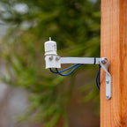 A white outdoor mini-clik rain sensor with a silver mounting bracket and blue wiring, mounted on a wooden post with a blurred green background.