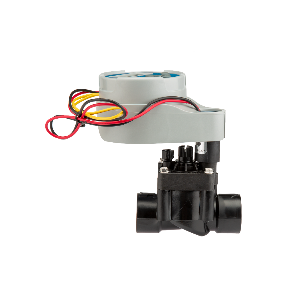 Compact Hunter Node Valve Bluetooth battery-powered irrigation controller with black valve and attached wiring.