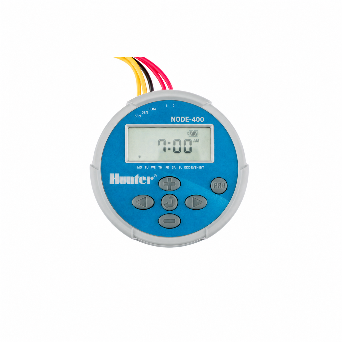 Hunter Node 400 round blue and white battery-powered irrigation controller with digital display and five buttons 4 zone controller.
