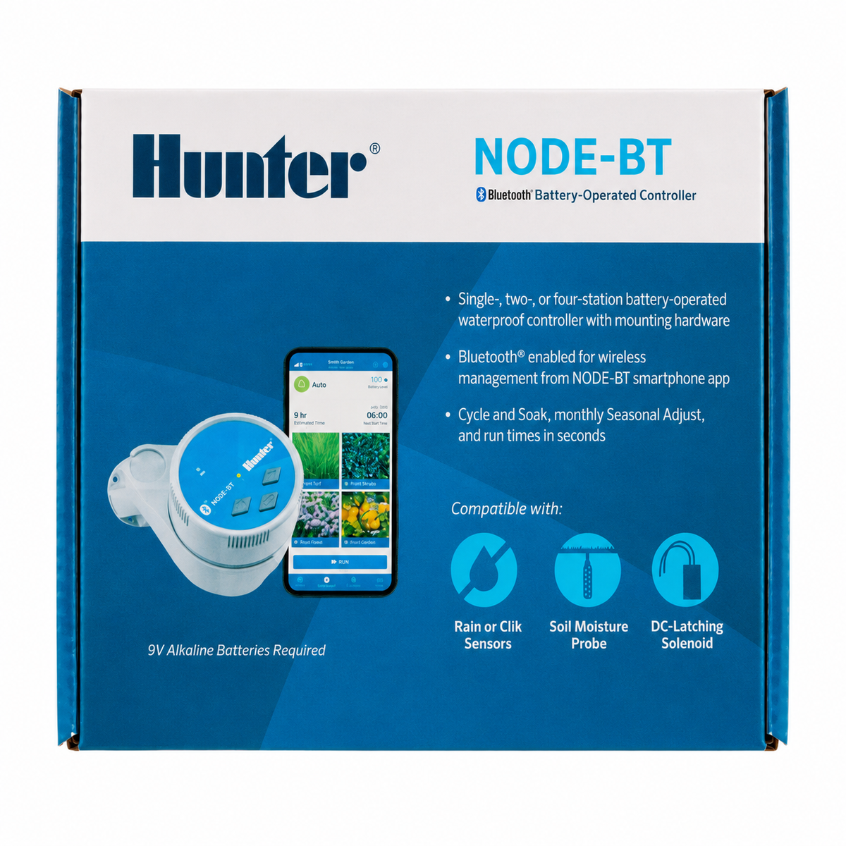 Hunter NODE-BT controller packaging with product details on a white background