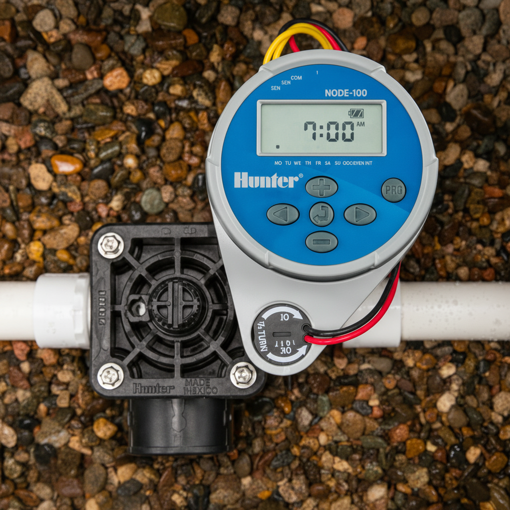 Hunter irrigation timer on a pipe with gravel background