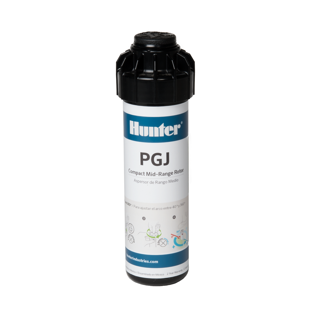 Hunter PGJ adjustable rotor sprinkler adjustable arc nozzle detail collapsed retail packaging