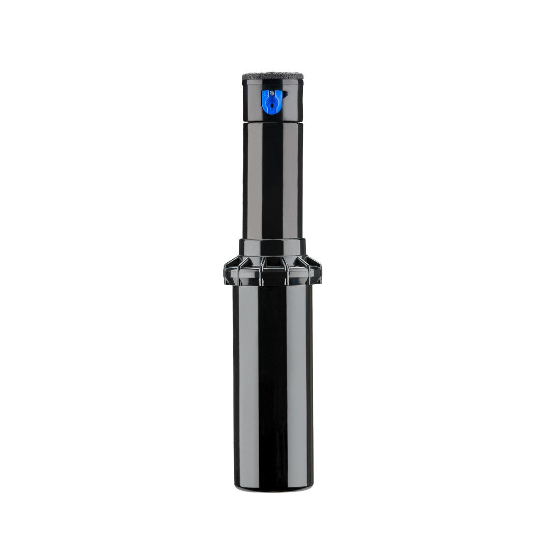 Hunter PGP adjustable 4-inch rotor sprinkler white background front view popped up with blue 3.0 nozzle