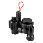 Black mechanical device with red wire on a white background