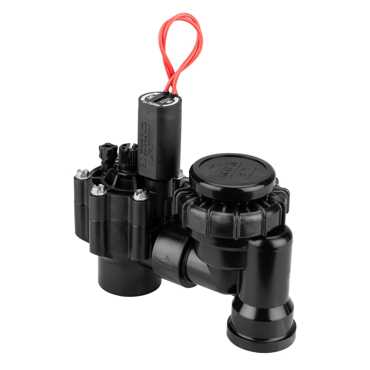 Black mechanical device with red wire on a white background
