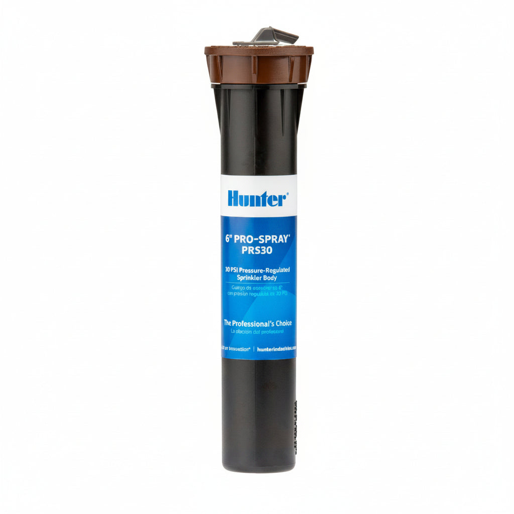 Hunter 6" Pro-Spray PS30 30 PSI Pressure-Regulated Sprinkler Body, featuring a black body, brown top cap, and blue and white label.