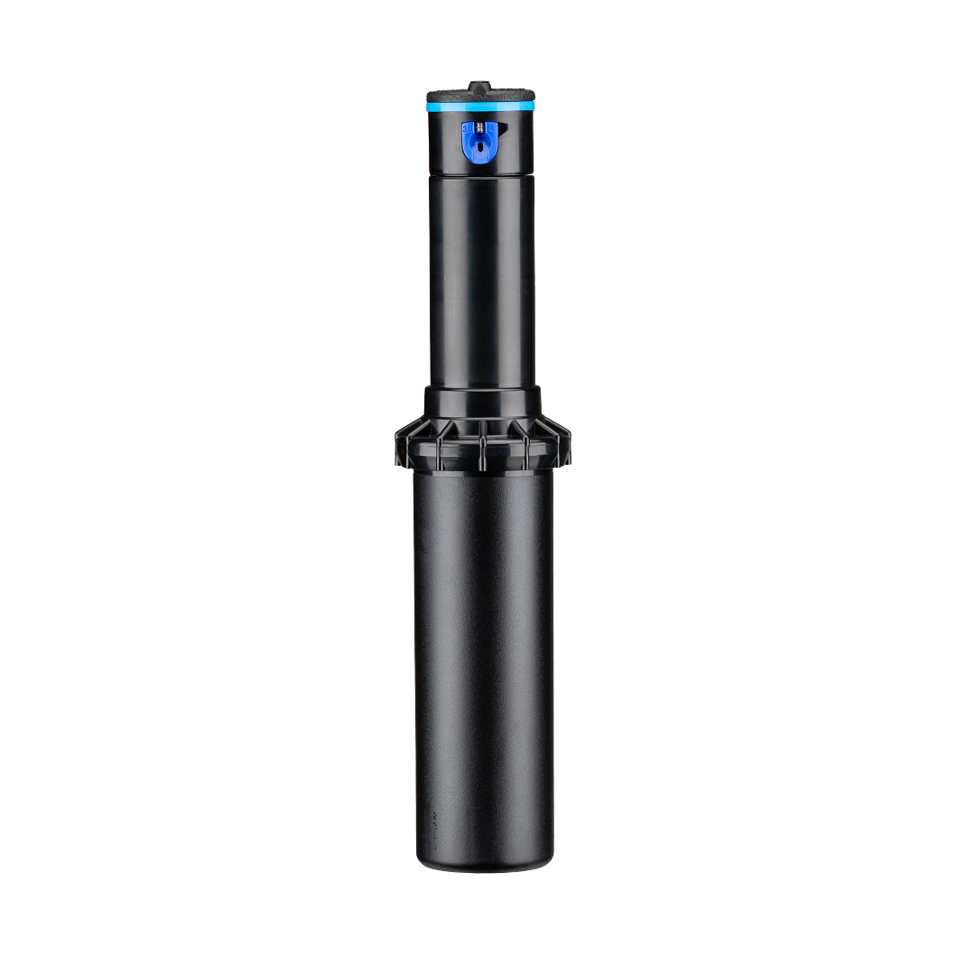 Hunter PGP Ultra adjustable rotor sprinkler 4-inch pop-up with pre-installed blue nozzle side view fully extended

