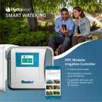 Hydrawise smart watering system with a man and woman using a smartphone in a garden setting.