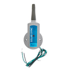 A Hunter Solar Sync solar sync receiver with a gray cylindrical antenna, a gray circular mounting plate, a blue and white label, and attached green and black wires, shown on a white background.