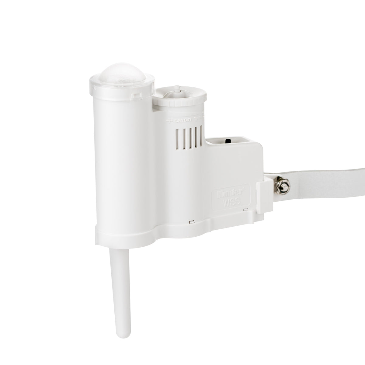 A white plastic wall-mounted arm or fixture component with a cylindrical attachment, vented side detail, and a horizontal arm extending to the right, shown on a plain white background.