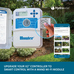Hydrawise Hunter X2 smart controller shown outdoors with a hand holding a wand module, plus a smartphone app screen preview. Text at the bottom reads: Upgrade your X2 controller to smart control with a wand Wi-Fi module.
