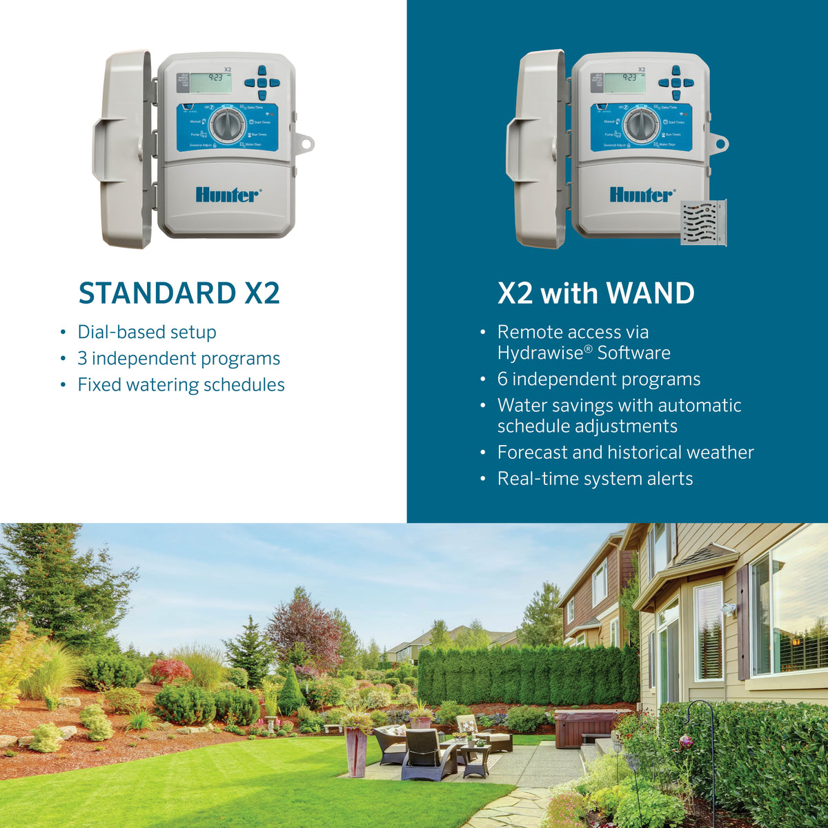 A promotional comparison graphic for Hunter X2 automatic sprinkler systems. The top half is split into two product panels: a white panel showing the 'Standard X2' model and a dark blue panel showing the 'X2 with WAND' model with feature callouts.