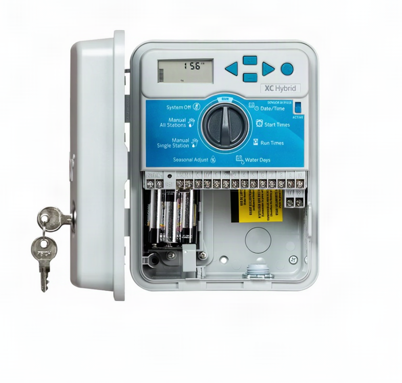 Water sprinkler system timer with digital display and control buttons on a white background
