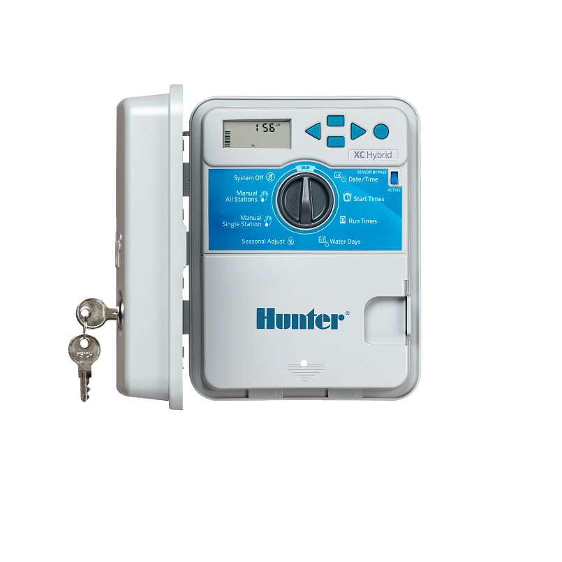 Gray Hunter XC Hybrid battery-powered irrigation controller with digital display, blue label, and included keys.