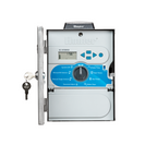 Hunter X-Core solar-powered irrigation controller with digital display, keypad, and lockable metal enclosure open and solar panel on top. 