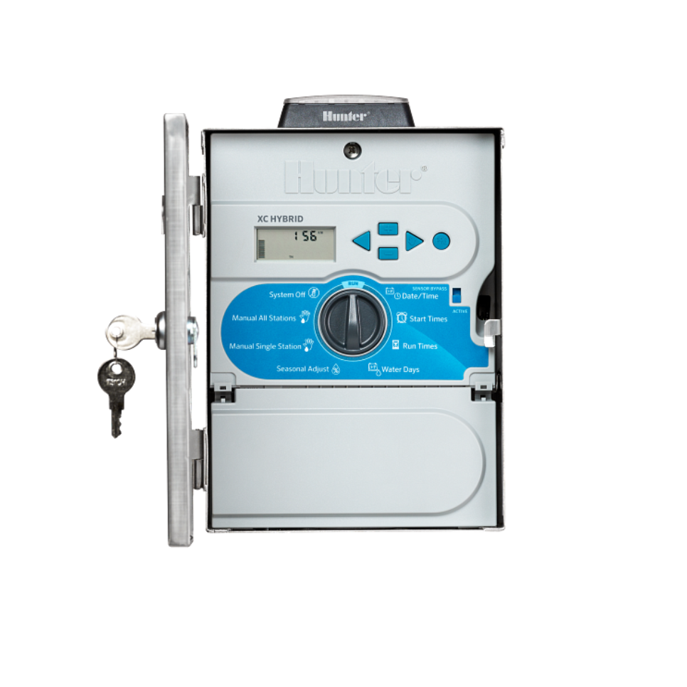 Hunter X-Core solar-powered irrigation controller with digital display, keypad, and lockable metal enclosure open and solar panel on top. 